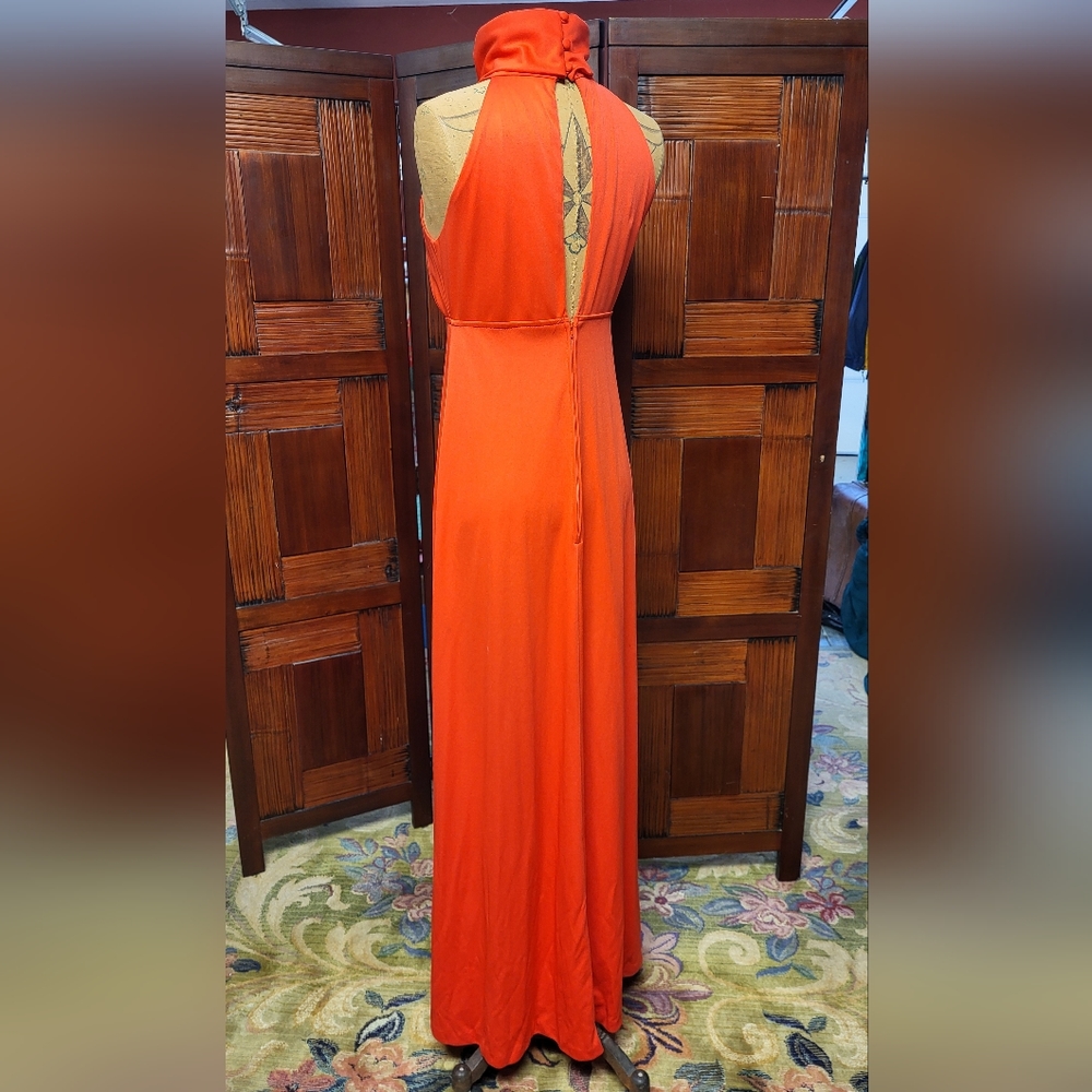 Women's Shawn Orginals Vintage Firey Orange Red Turtle Halter Maxi Dress Size 10 - Picture 4 of 15